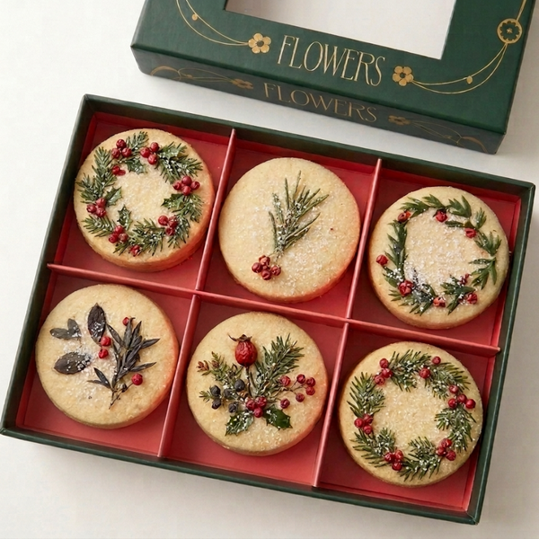 Holiday Style decorated shortbread cookies with herbs